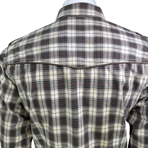Buffalo David Bitton Mens Western Shirt Pearl Snap Brown Plaid Patch Size L - Picture 8 of 14